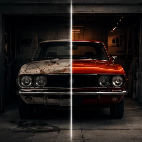 Brand concept of a classic car split between a weathered project and a finished orange restoration in a dark garage